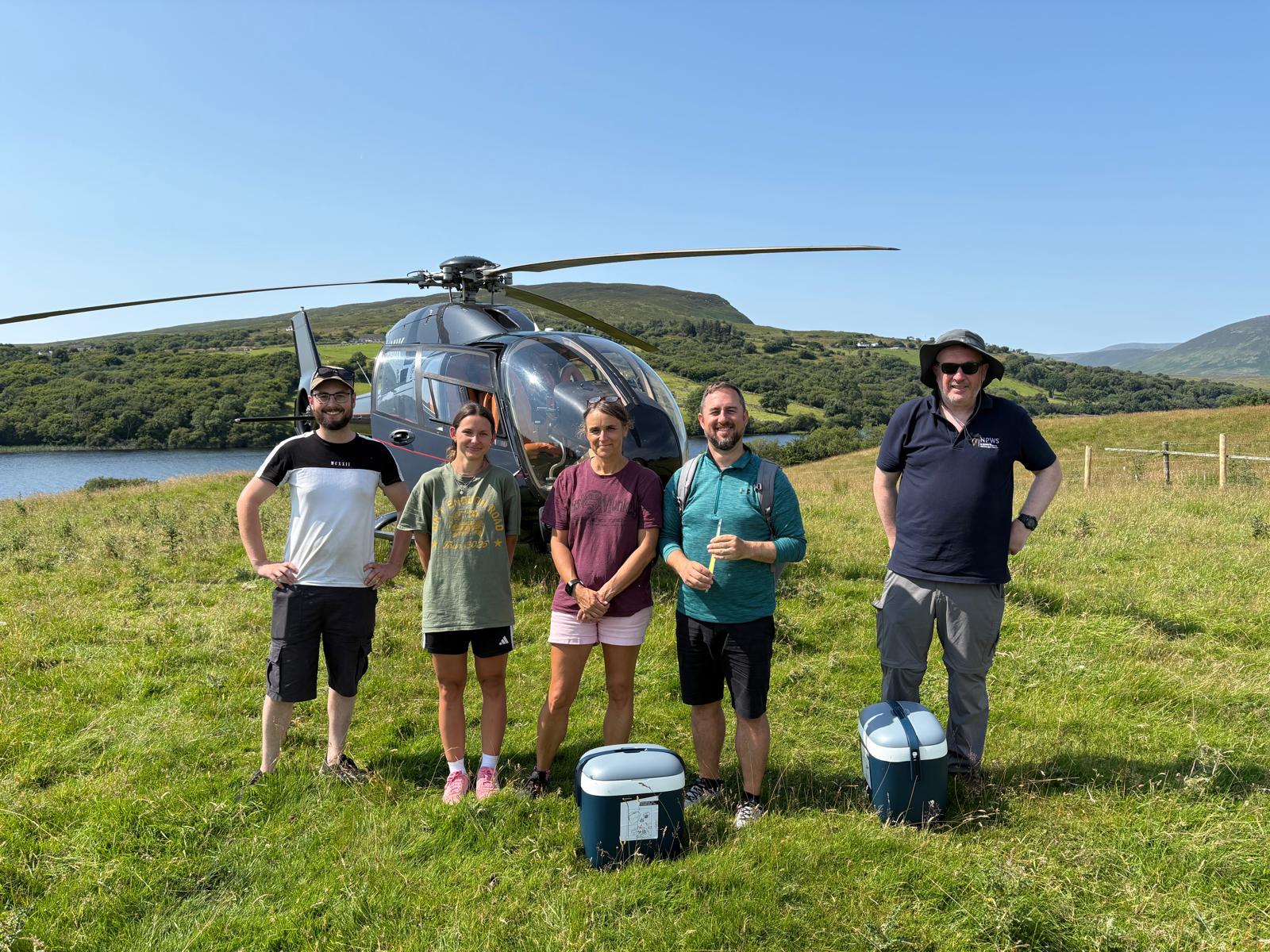 L-R : P. Keena, D. Bluzaite, E. de Eyto (MI), R. O’Callaghan, R. McNamara (NPWS) with the newly arrived Mussels in Co. Mayo.