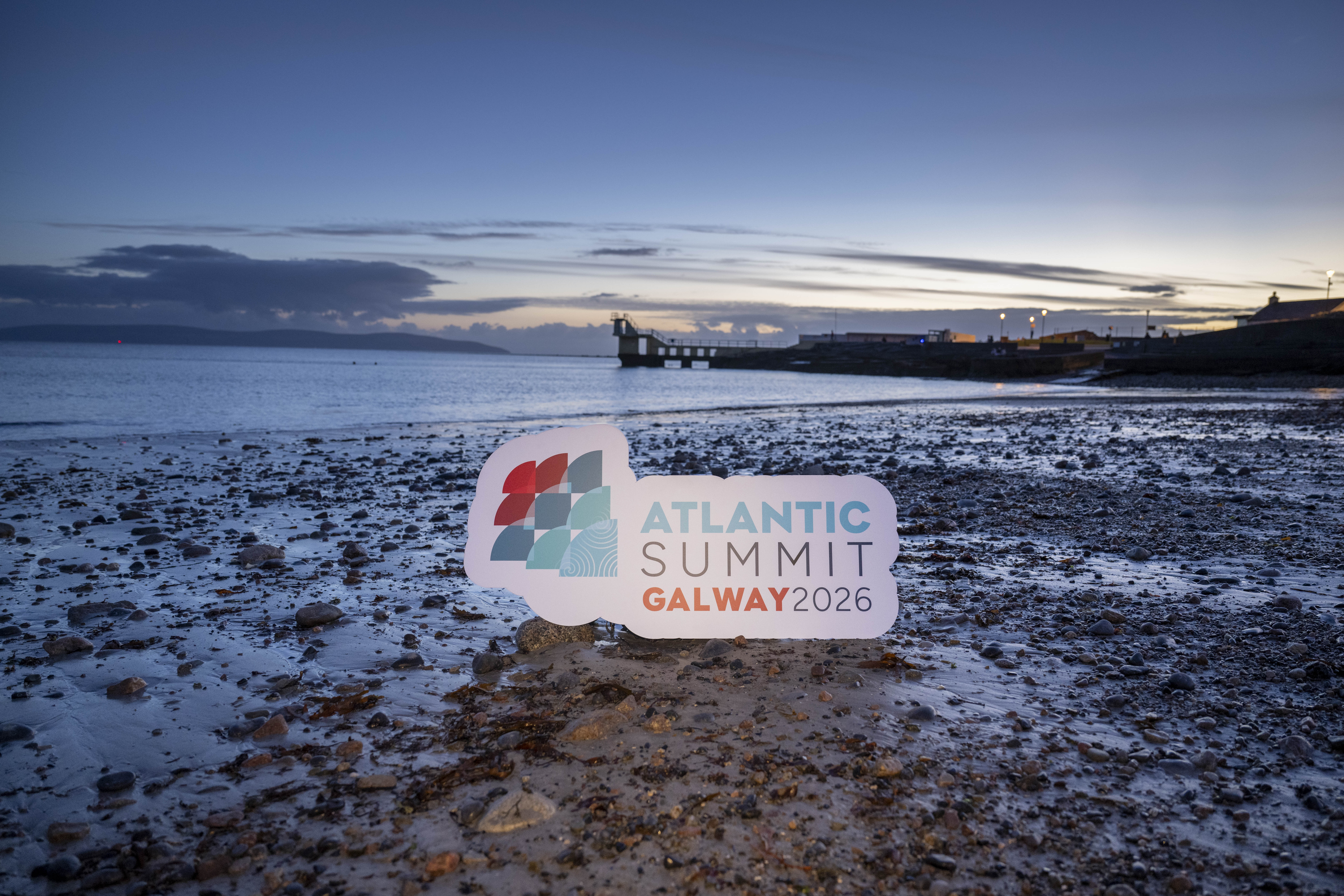Atlantic Summit branded sign prop on the background of the Blackrock diving tower in Galway 