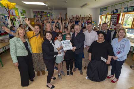 Brittas Bay Mixed National School, Co. Wicklow, celebrate being national winners of the Explorers Ocean Champions Award as part of their World Ocean Day art exhibition with the Marine Institute Director Joe Silke, Explorers Outreach team, Mona McCrea, and Cushla Dromgool-Regan, artist Jane Groves, school teacher Imelda Burke, and school principal Una Gallinagh along with local TD’s and Councilors and parents, recognising the students vital project: "Why Keeping the Ocean Healthy Matters in Education.”