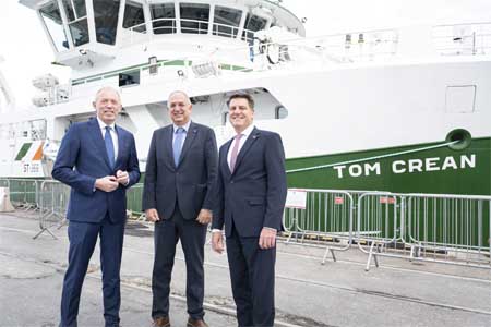 As part of European Maritime Day 2025, the Marine Institute hosted a high-level networking event aboard Ireland’s newest national research vessel, the RV Tom Crean, on Friday morning, 23rd May in the Port of Cork. Attendees included the Lord Mayor of Cork, Cllr Dan Boyle, European Commissioner for Fisheries and Oceans, Costas Kadis, and Minister of State Timmy Dooley, Dr Rick Officer, CEO of the Marine Institute, as well as senior policymakers, marine scientists, and stakeholders. The event provided an oppo