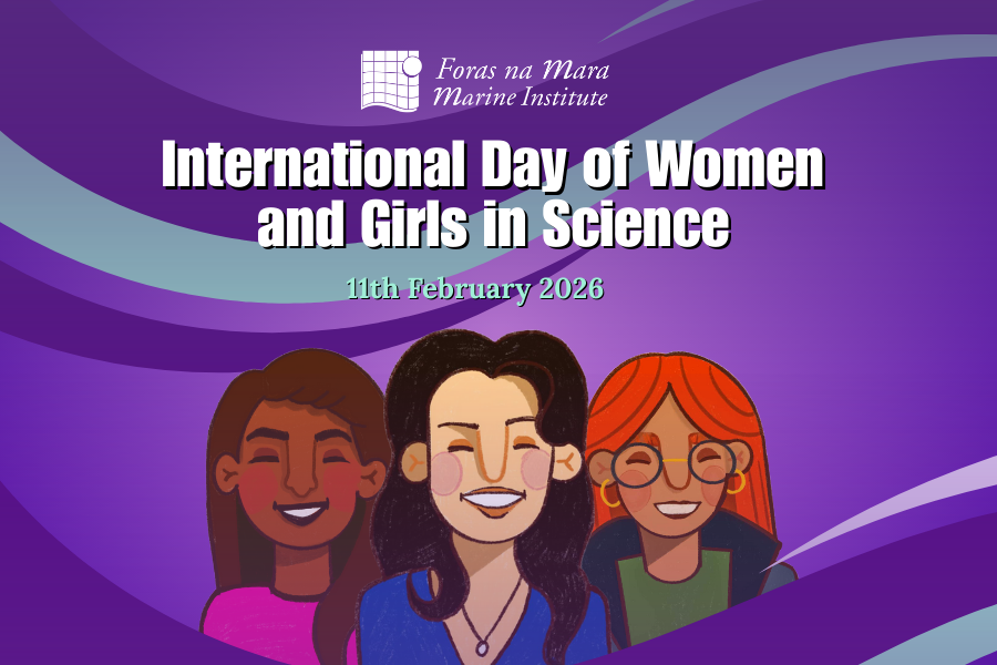 Illustration for the international day of women in science displaying three females on a purple background
