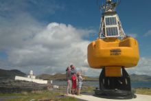 The O'Connell family from Co Kerry check out the new resident, Bob the Buoy, who has recently retired on Valentia Island_photo Wendy Bleming, Valentia Light House.