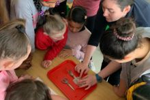 Eimear Manning from Global Action Plan Ireland, dissects a squid with primary students from Virgin Mary GNS, Ballymun, Dublin. Eimear is sharing her love for the ocean by delivering the Marine Institute's Explorers Education marine project module for the first time on Valentine's Day.